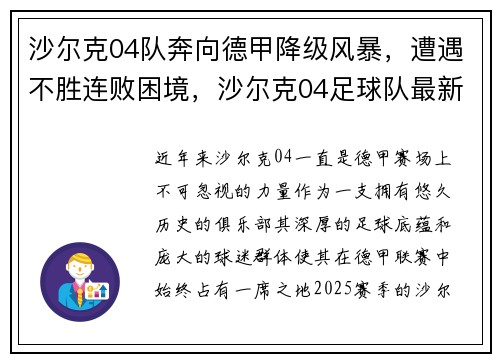 沙尔克04队奔向德甲降级风暴，遭遇不胜连败困境，沙尔克04足球队最新新闻