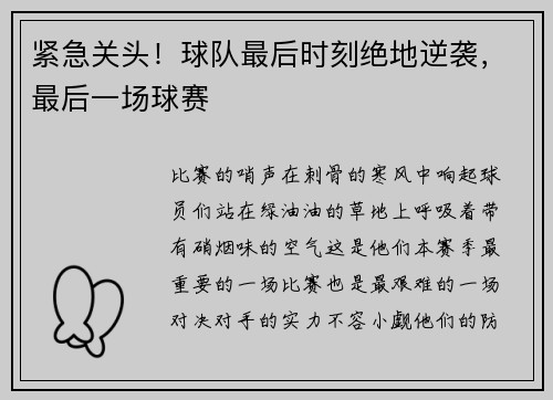 紧急关头！球队最后时刻绝地逆袭，最后一场球赛