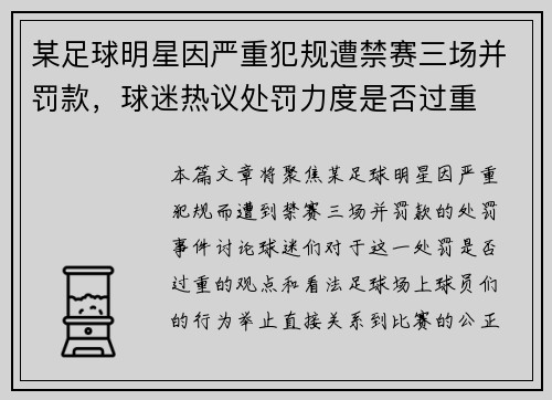 某足球明星因严重犯规遭禁赛三场并罚款，球迷热议处罚力度是否过重
