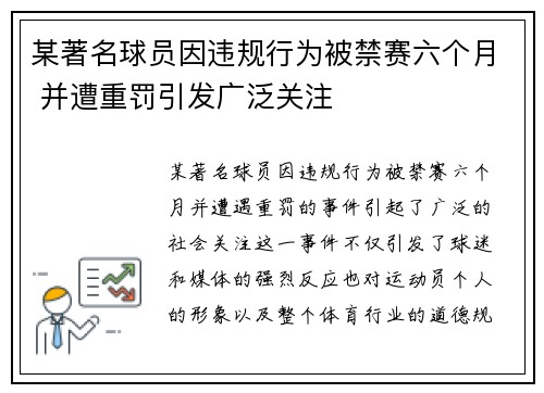 某著名球员因违规行为被禁赛六个月 并遭重罚引发广泛关注