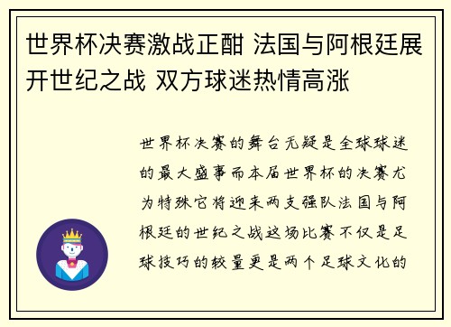 世界杯决赛激战正酣 法国与阿根廷展开世纪之战 双方球迷热情高涨